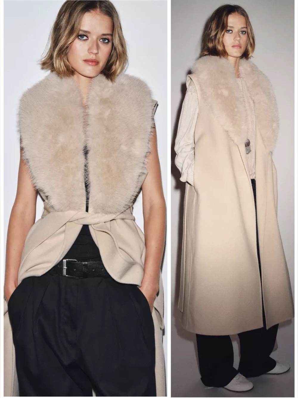 Faux Fur Collar Wool Waistcoat Sleeveless Self-Tie Belt Ecru Small